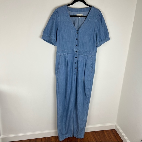 Madewell Denim Puff-Sleeve Button-Front Jumpsuit - Size 12 - Picture 4 of 8